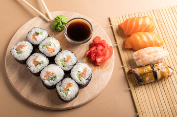 Composition with delicious nigiri sushi and rolls