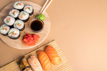Composition with delicious nigiri sushi and rolls