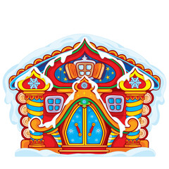 magic painted hut for santa claus in red, snow lies on the roof, isolated object on a white background, vector illustration,