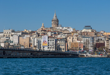 Fototapeta na wymiar Istanbul, Turkey - a quarter within the borough of Beyoglu, often known as Karaköy, Galata is a main district in Istanbul. Here in particular the skyline, with the imposing Galata Tower