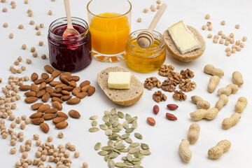Chickpea pumpkin seeds, almonds orange juice, brie cheese for energy breakfast.