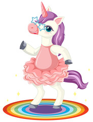 Cute purple unicorn wearing star glasses in standing on rianbow position on white background