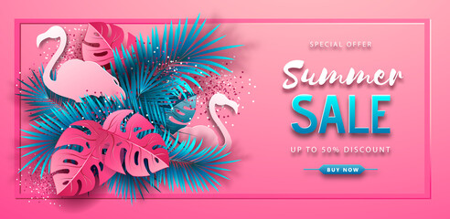 Summer sale poster with pink and blue tropic leaves and flamingo on pink background.