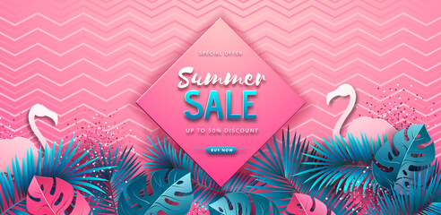 Summer sale poster with pink and blue tropic leaves and flamingo on pink background. © annbozhko