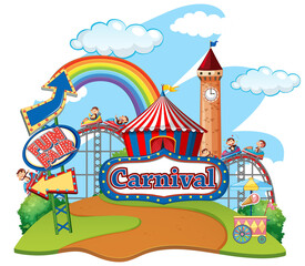 Scene with monkeys and many rides on white background