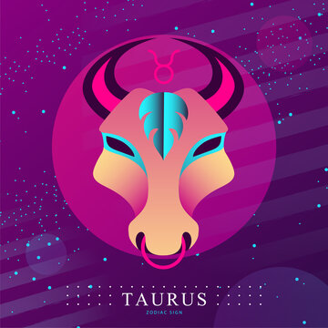 Modern magic witchcraft card with astrology Taurus zodiac sign.  Bull head logo design