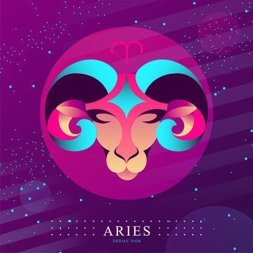 Modern magic witchcraft card with astrology Aries zodiac sign. Ram or mouflon head logo design