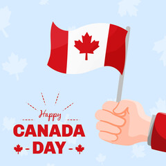 banner square greeting canada day with hand holding flag, independence background post, typography happy canada day
