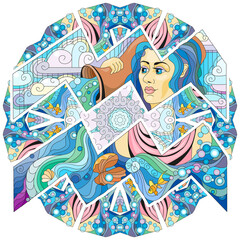 Aquarius zodiac sign with mandala cute cartoon character retro zentangle stylized in vector