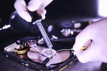Computer equipment. Repair of PC components. Hard drive for restoration in the workshop. Winchester...