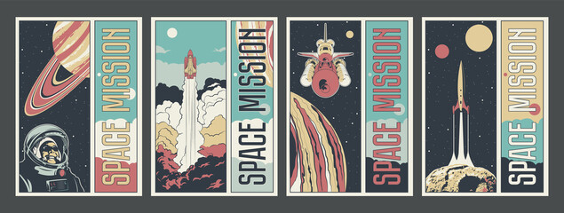 Space Misson Propaganda Poster Set, Astronaut, Spacecraft, Jupiter, Saturn, Asteroid, Space Rocket Launch, Astronautics Program Placards - obrazy, fototapety, plakaty