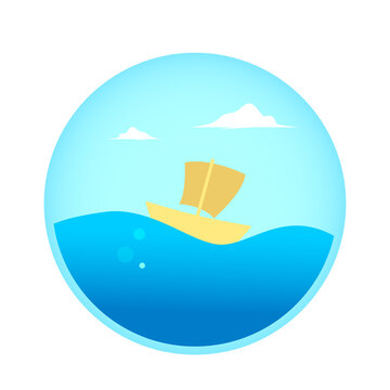 Boat on the sea inside the blue round crystal. vector illustration