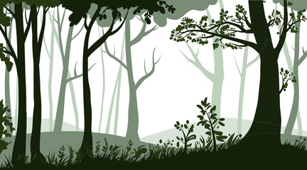 Vector isolated illustration of a beautiful forest background. Tree silhouettes, wood landscape, grass, trunks, branches, leaves. 
