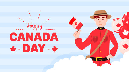 banner greeting canada day, character canadian ranger with balloon