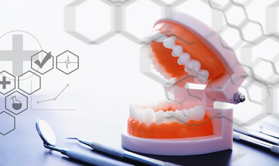 Equipment for the dental office. Orthopedic Instruments. Dental technician with working tools. Dentist metal tools.