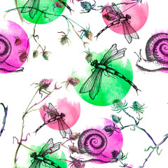 Dragonfly, snail seamless art pattern. Butterfly, snail moth Graphic Realistic Line Ink Drawing, watercolor paint splash. Plants, thistle, flower.
Hand-drawn illustration. 