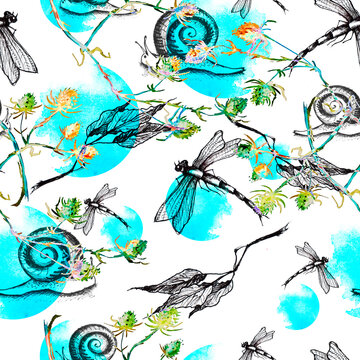 Dragonfly, snail seamless art pattern. Butterfly, snail moth Graphic Realistic Line Ink Drawing, watercolor paint splash. Plants, thistle, flower.
Hand-drawn illustration. 