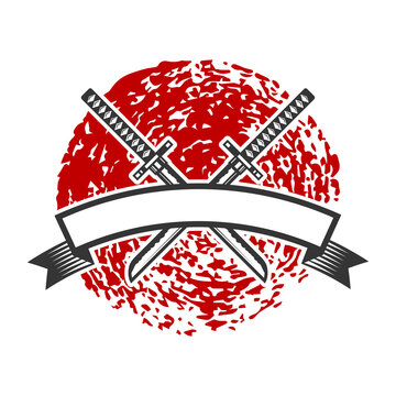 Emblem with crossed katana swords. Design element for logo, label, sign, poster, t shirt. Vector illustration