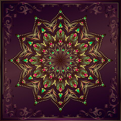 Vintage background mandala card with golden lace ornaments and art deco floral decorative elements