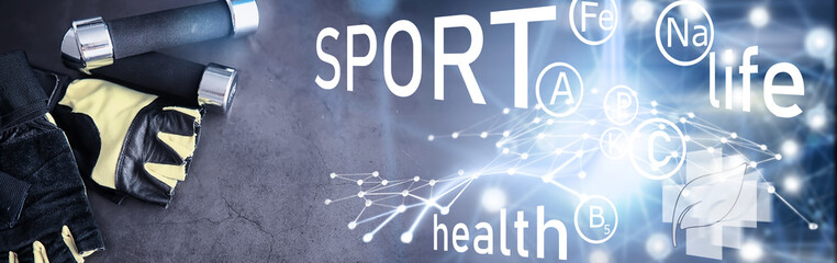 Sport and healthy lifestyle. Accessories for sports. Yoga mat dumbbell. Sports background home exercises concept.