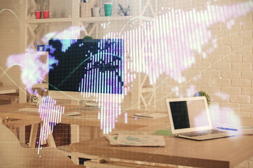 Double exposure of business theme drawing and office interior background. Concept of success