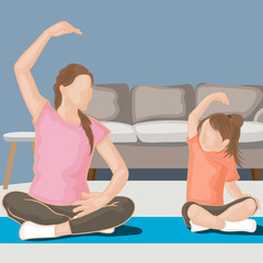 mother and daughter doing yoga in a very happy home