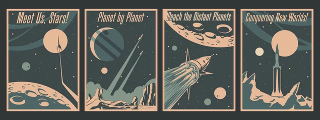Gordijnen Retro Futurism Space Conquering Poster Set, Spacecraft, Rockets, Space Mission Propaganda Placards © koyash07