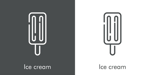 Fototapeta premium Símbolo helado con paleta de madera. Icono plano lineal con texto Ice cream en fondo gris y fondo blanco