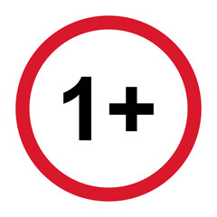 1+ restriction flat sign with red circle isolated on white background. Age limit symbol. No under one year warning illustration