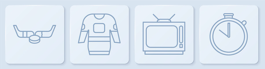 Set line Ice hockey sticks and puck, Retro tv, Hockey jersey and Stopwatch. White square button. Vector