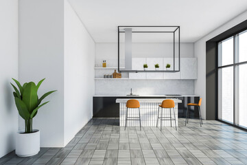White and black kitchen interior with bar