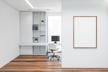 White home office interior with poster