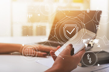 Woman hands with phone and laptop, cyber security