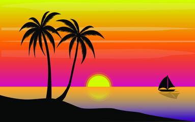Fototapeta na wymiar sunset beach with palm trees sea view vector design