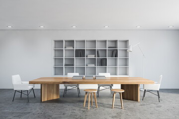 White office library interior with table
