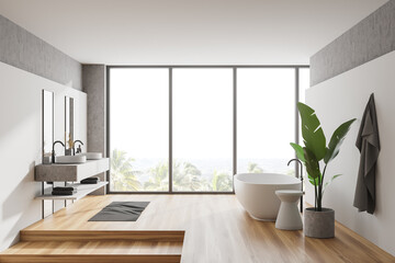 Panoramic white and stone bathroom, side view