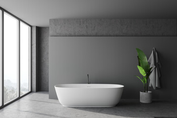 Panoramic grey and stone bathroom with tub