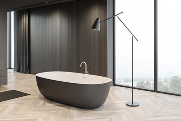 Obraz na płótnie Canvas Panoramic dark wooden bathroom with tub