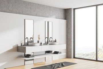 White and stone bathroom corner with double sink