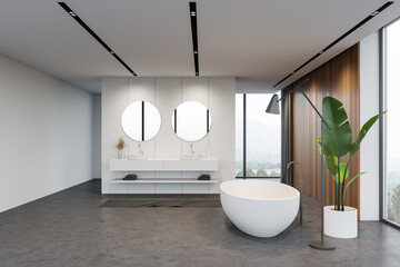White and wooden bathroom, tub and sink