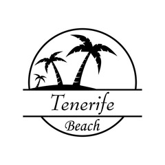 Símbolo destino de vacaciones. Icono plano texto Tenerife Beach en círculo con playa y palmeras en color negro