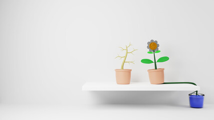 3D illustration. In concept the efforts never let anyone lose. The flower pots placed on the white table. One tree endeavor to find water for his own survival. 