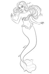 Vector isolated illustration of a beautiful mermaid with long hair. Underwater, ocean, marine, fairytale, mythology, fantasy character. Cartoon style drawing, outline. Coloring book