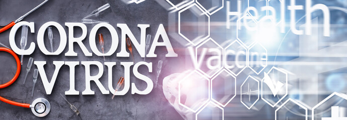 Double exposure. Medical background. Coronavirus wooden letters. Background of the deadliest pandemic virus in the world. Vaccine for the virus.