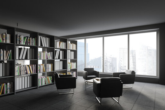 Grey panoramic office library corner