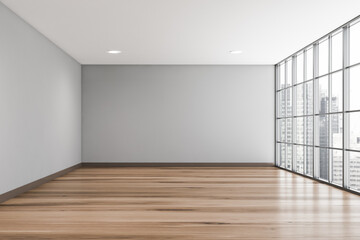 Empty grey panoramic living room interior