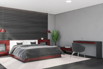 Grey and wood master bedroom with home office