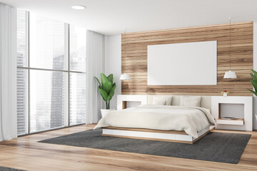 White and wooden master bedroom corner with poster