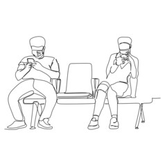 People in protective surgical mask sitting, looking at the smartphone, at the waiting room while doing social distancing to prevent virus spreading. Continuous single line illustration drawing vector