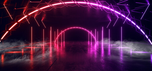 Smoke Fog Sci Fi Futuristic Neon Glowing Laser Arc Construction Stage Purple Red Blue Beams Pillars Concrete Grunge Tiled Floor Alien Spaceship Cyber Tunnel Corridor Dark NIght Warehouse 3D Rendering